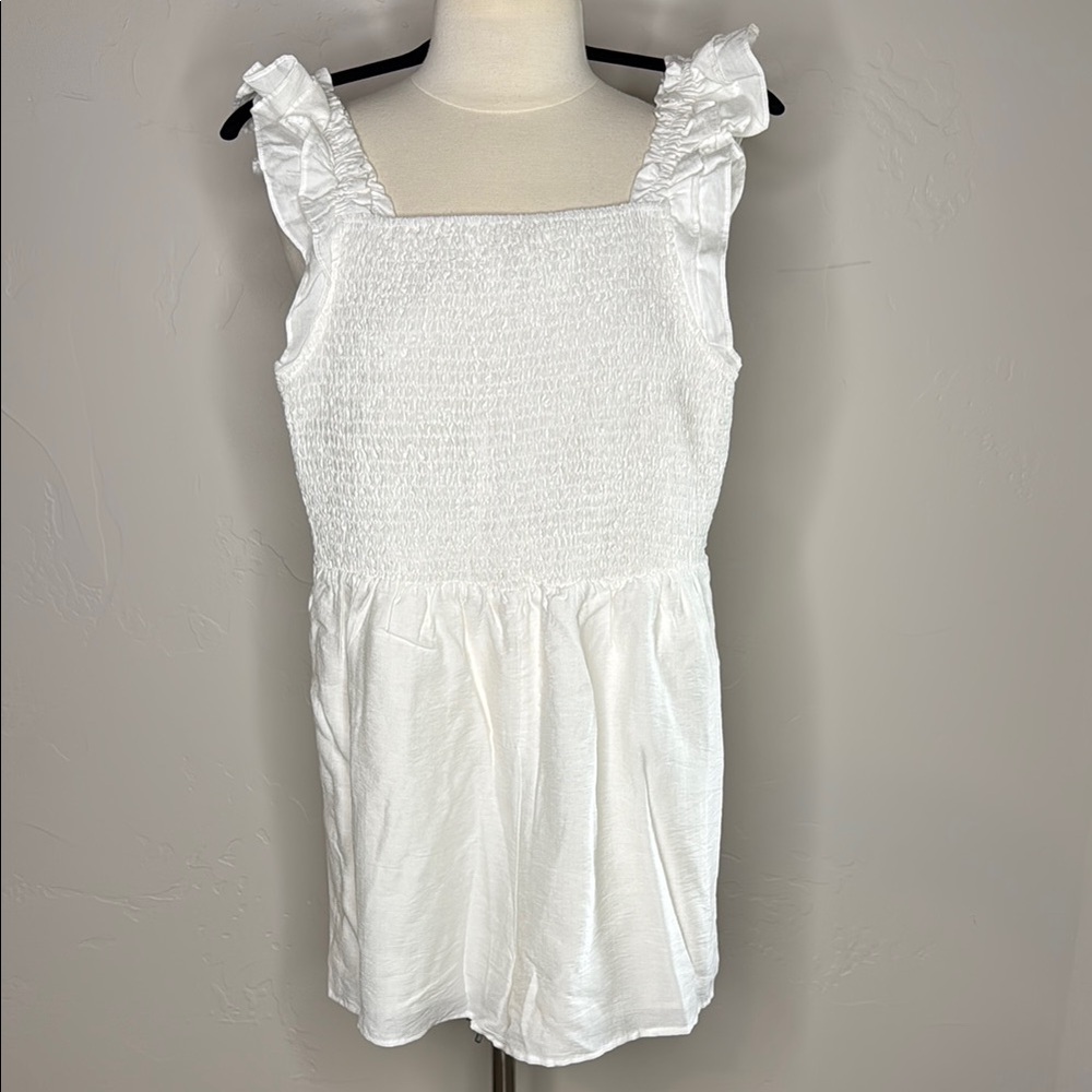 En Creme White Ruffle Strap Smocked Bodice Lined Romper
